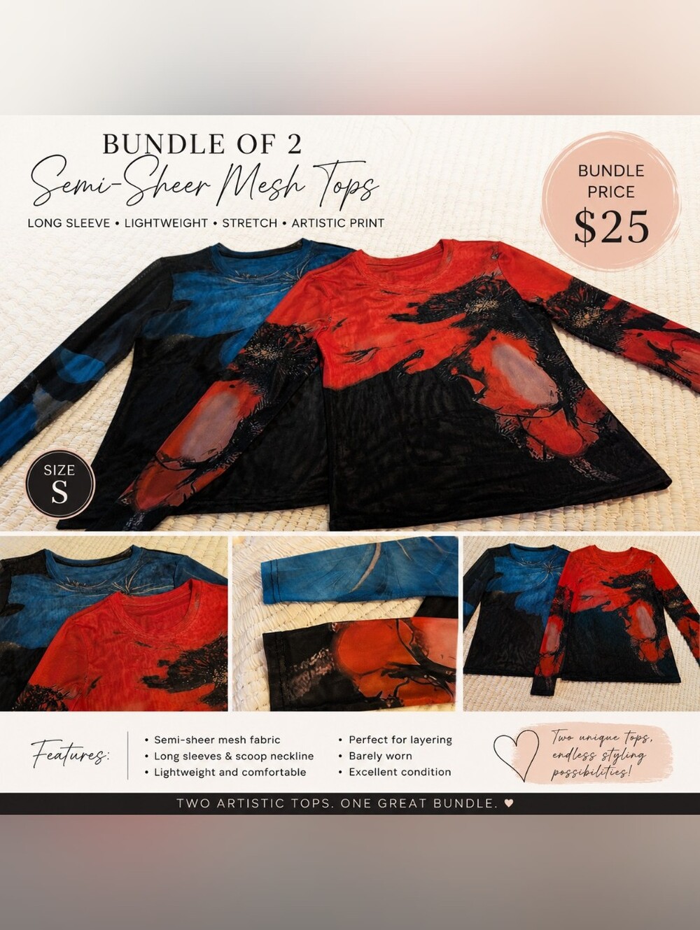Bundle of 2 Semi-Sheer Abstract Mesh Long Sleeve Tops | Small
